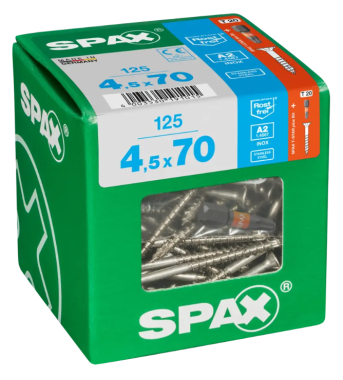SPAX Edelstahlschraube, 4,5 x 70 mm, 125 Stück, Teilgewinde, Senkkopf, T-STAR plus T20, 4CUT, Edelstahl rostfrei A2, 4197000450706